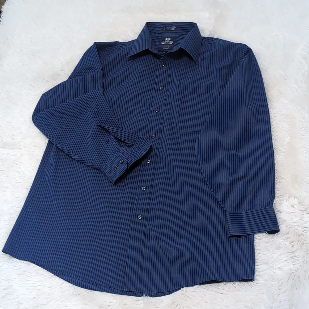Men's Stafford Blue & Black Pinstripe Fitted Dress Shirt 17-1/2 34-35